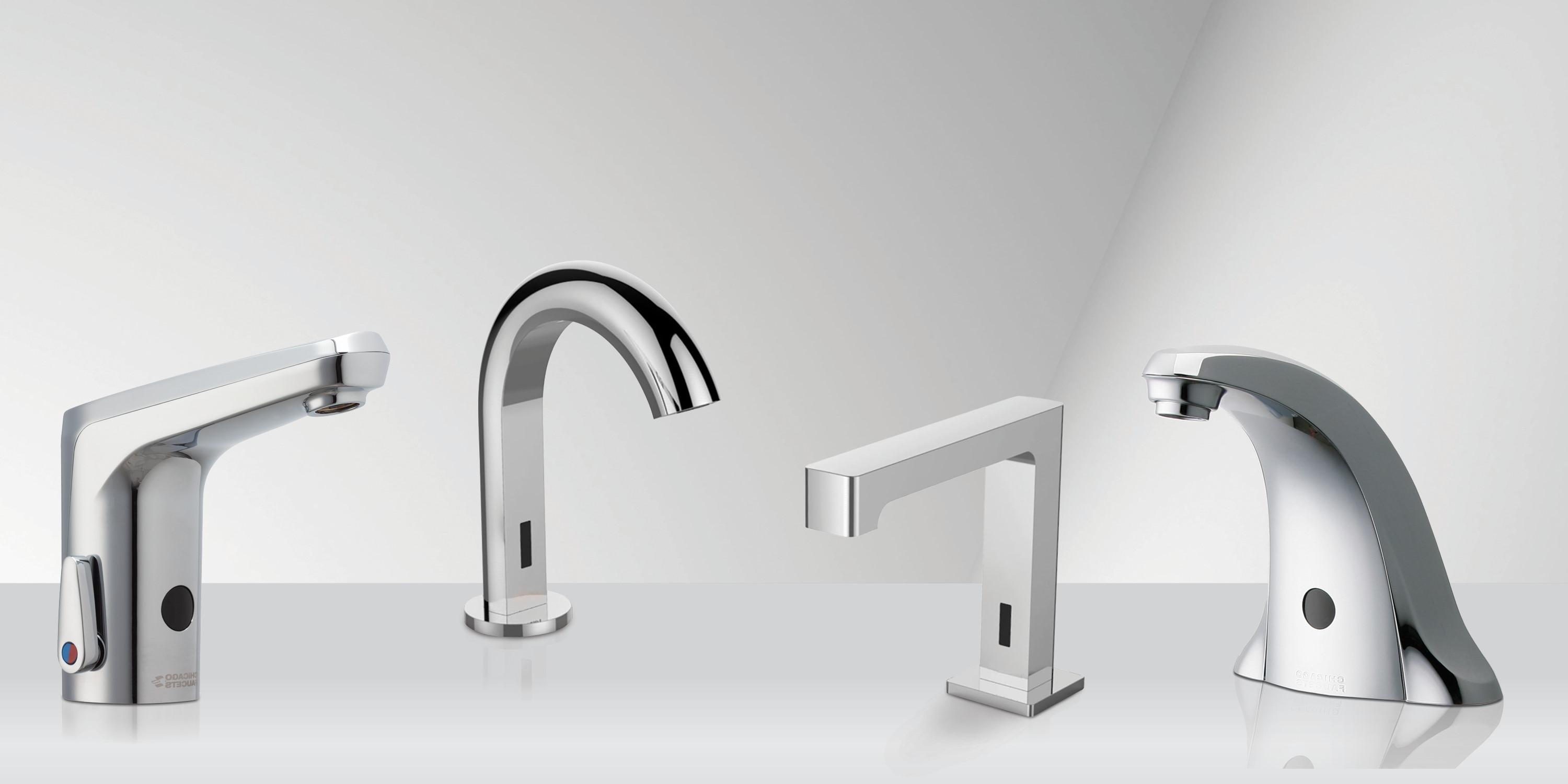 four varying styles of chrome touchless faucets